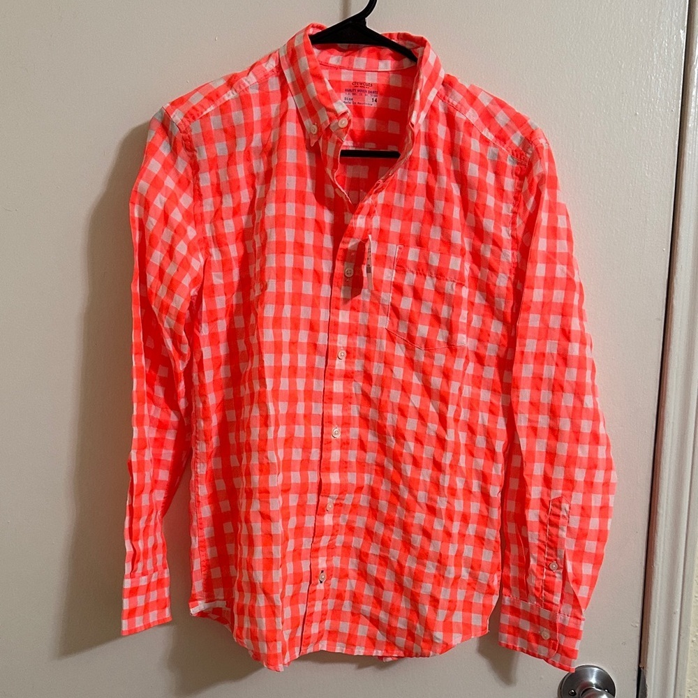 NWT Crewcuts Neon Orange gingham woven button down‎ shirt size 14